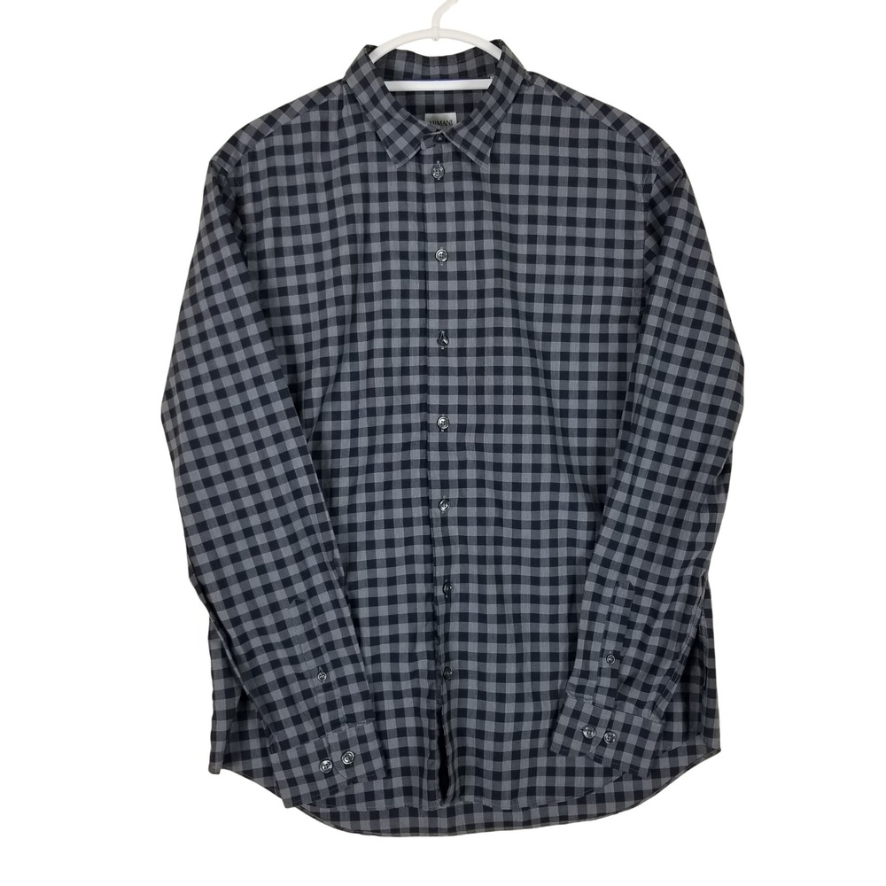 Armani Collezioni Button Down Mens XL Grey Black Gingham Check Cotton Shirt